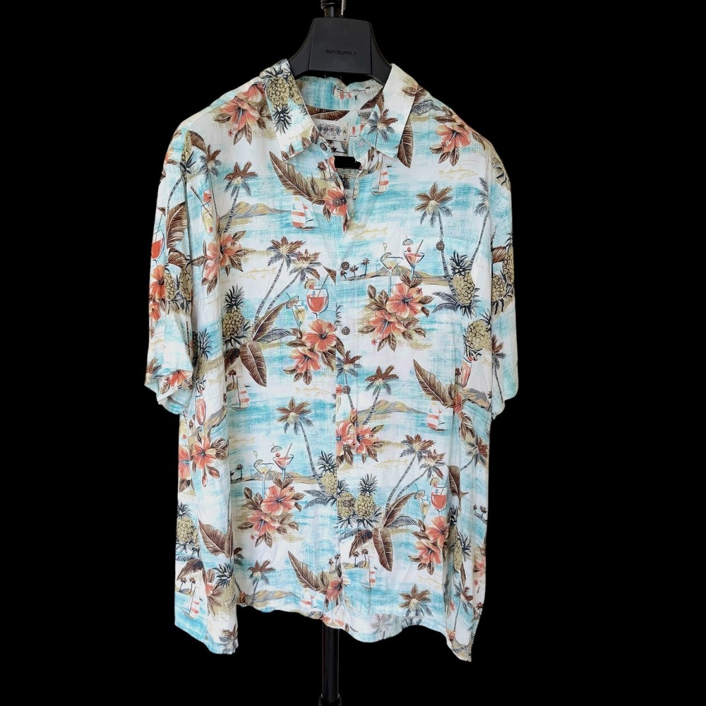 80's Campia Moda XXL Tropical Hawaiian Shirt Pineapple Palm Tree Rayon Blue XXL